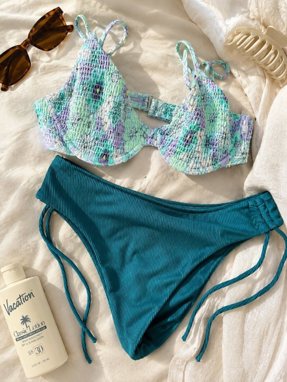 La Vie En Rose Aqua Bikini Top No Name Ribbed Tie Side Bottoms